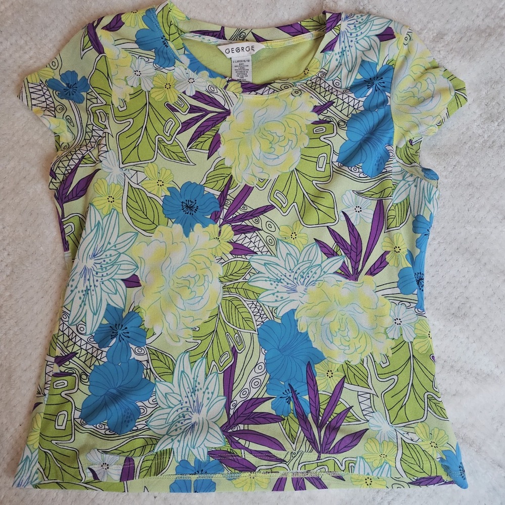 GEORGE‎ XL 12 Bust 42 top shirt blouse Lime Multi  Modern Floral